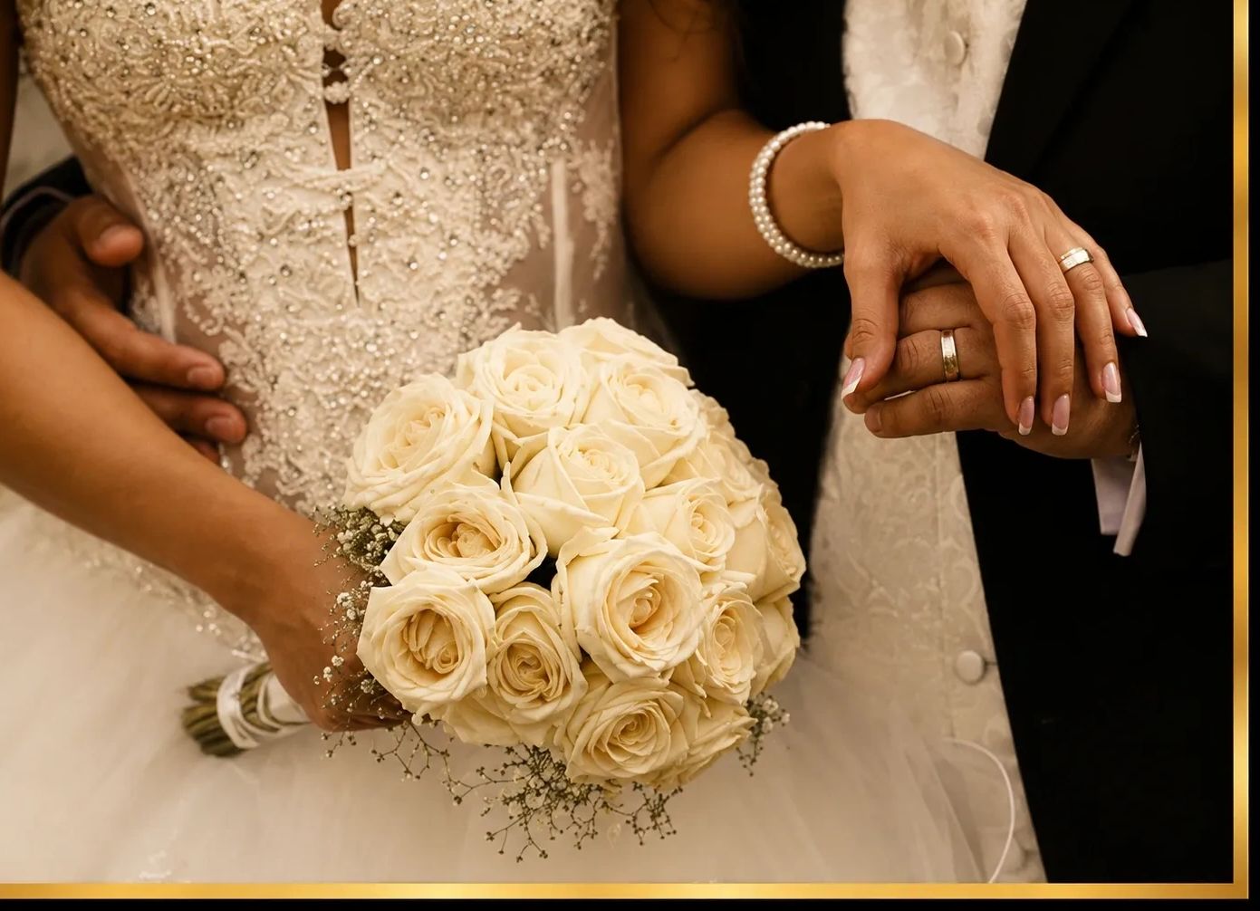 Bride and groom holding hands with bouquet of cream roses.