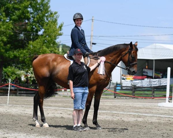 Smiling equestrian in helmet on horse with person holding a pink ribbon.