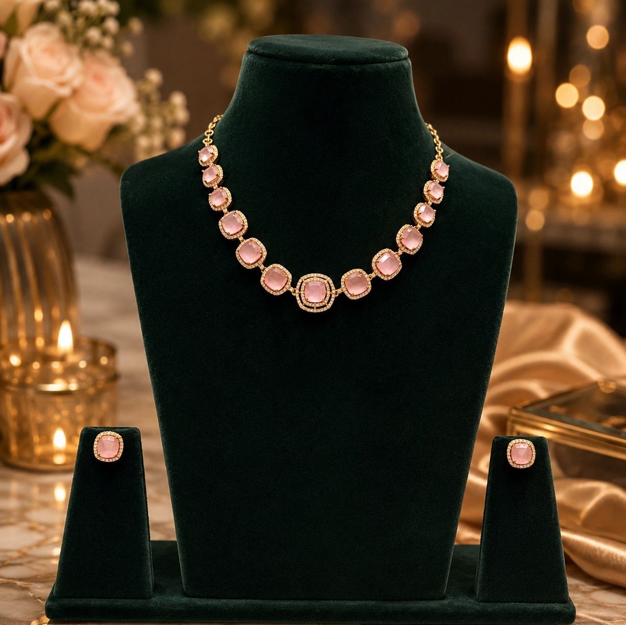 Elegant pink gemstone necklace and earrings set on a black display.