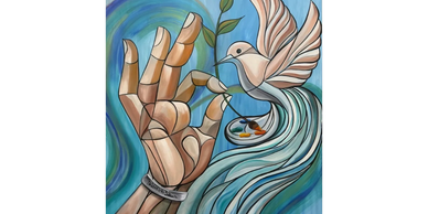 A stylized human hand holding a dove 