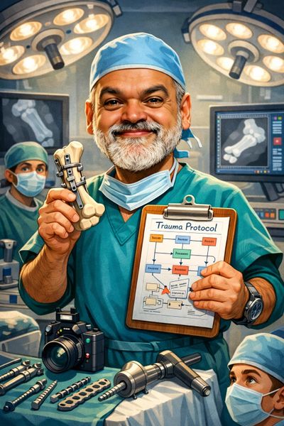 Surgeon holding a bone implant and trauma protocol clipboard in an operating room.