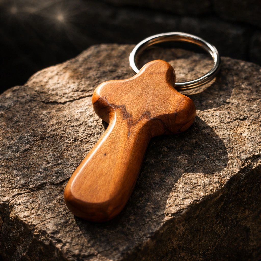 Wooden cross keychain resting on a textured stone surface.
