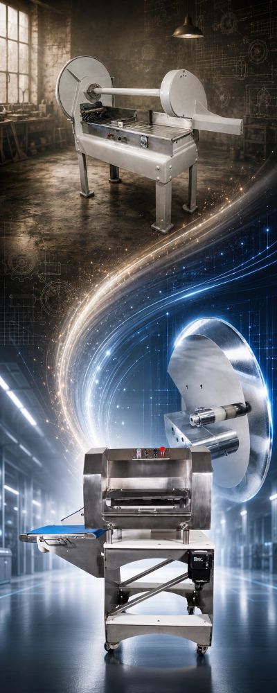 Two food processing machines showing evolution from old to new technology.