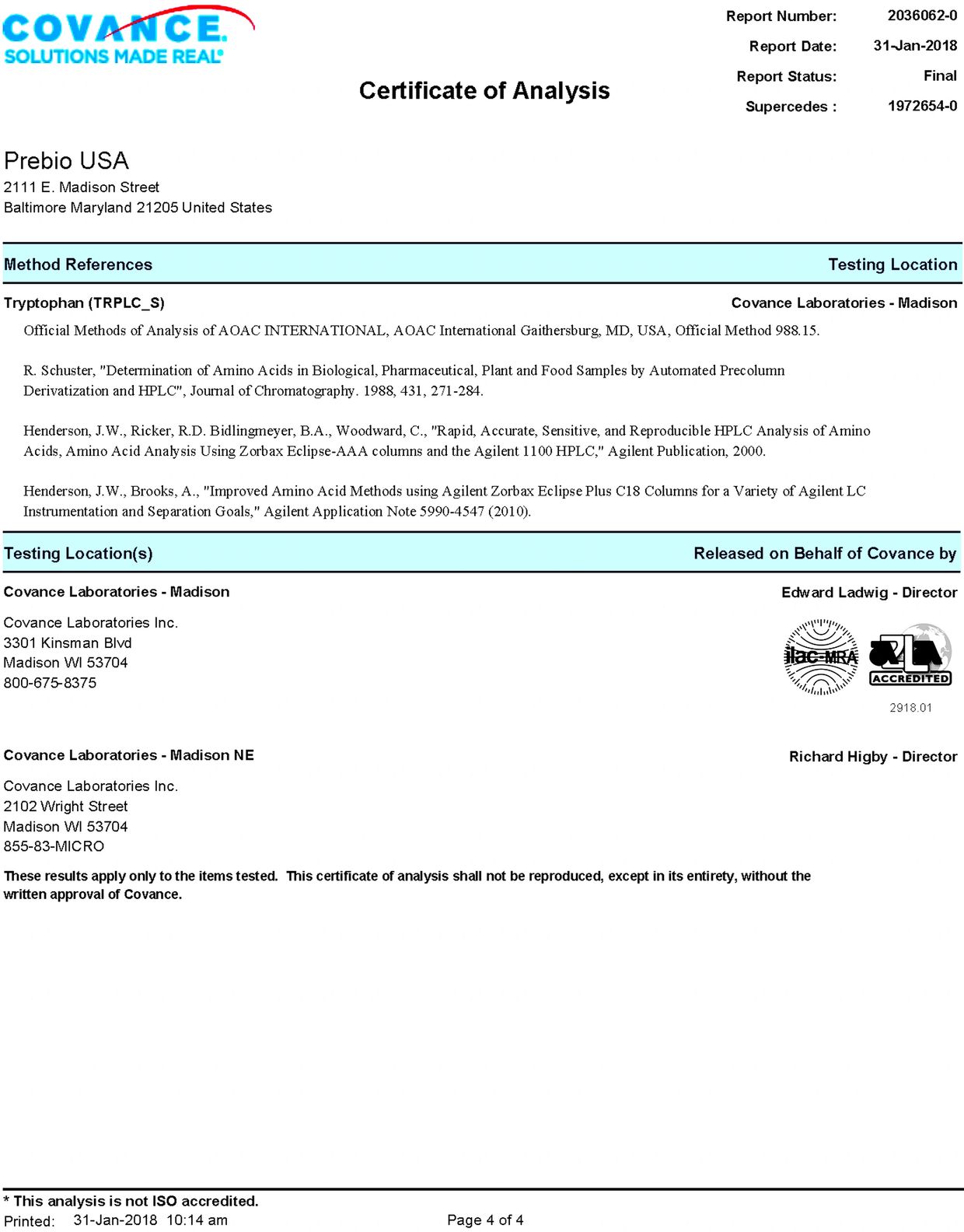 Certificate of Analysis (COA) PrebioM