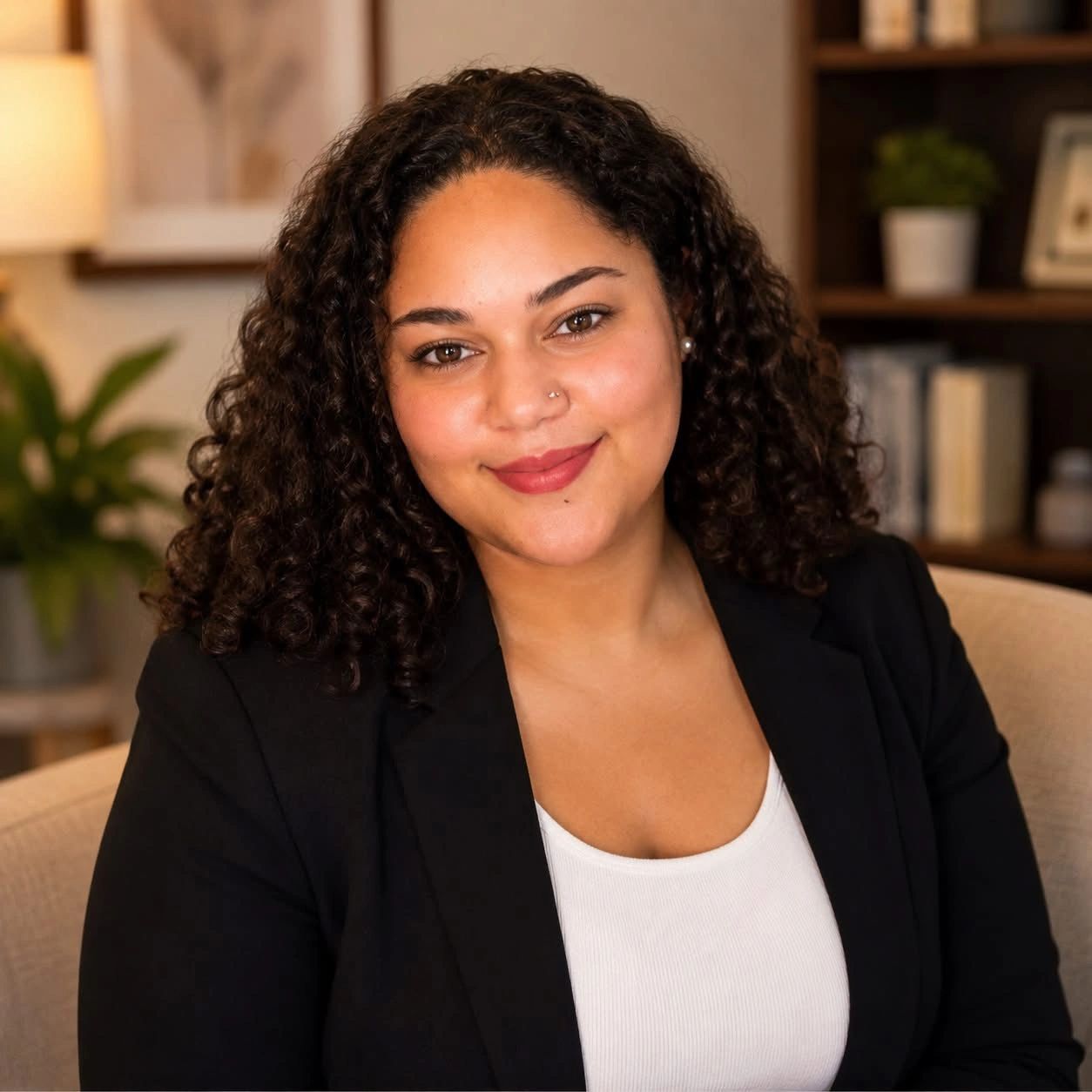 Smiling young woman with curly hair in black blazer.