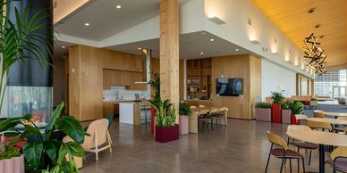 Modern office lounge with wooden accents, plants, and ample seating.