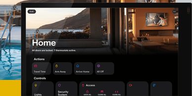Smart home control interface showing security and thermostat settings.