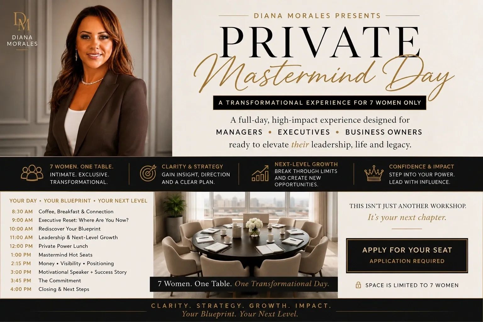 Private Mastermind Day for women leaders by Diana Morales.