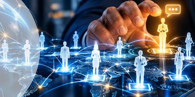Hand selecting a digital human icon in a network.