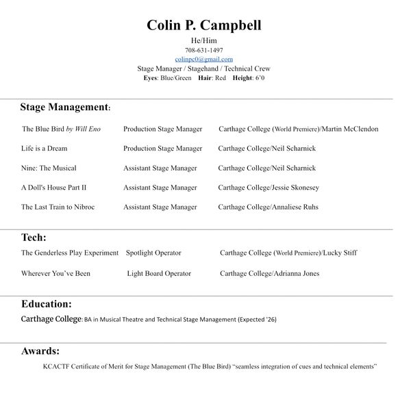 Resume of Colin P. Campbell, a stage manager and technical crew member with experience at Carthage College.