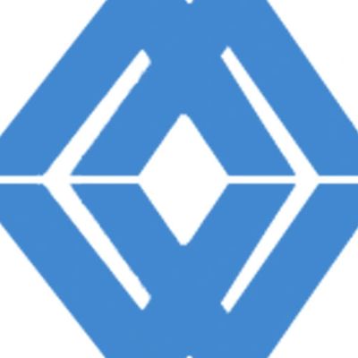 Blue geometric logo with diamond and arrow shapes.