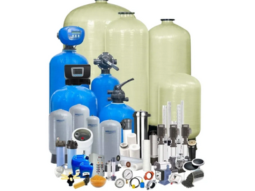 Collection of water filtration and purification system components and tanks.
