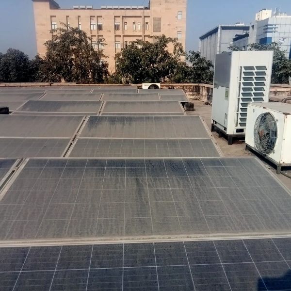 Solar panels on a building rooftop.