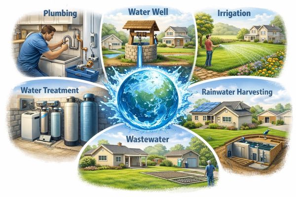 Illustration showing water management including plumbing, irrigation, water treatment, and rainwater harvesting.