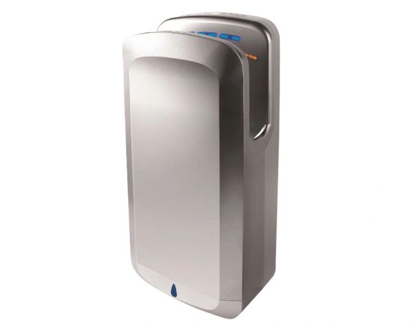 Modern stainless steel hand dryer with sleek design.