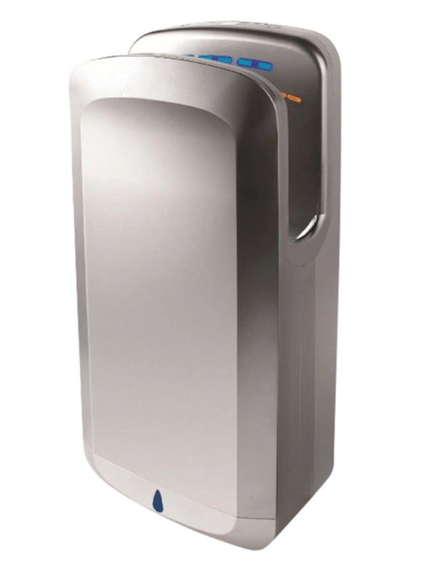 Modern stainless steel hand dryer with sleek design.