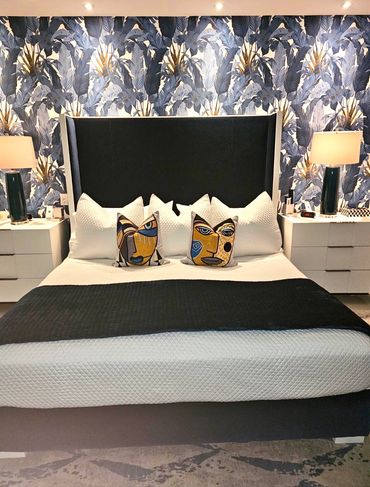 Custom wallpaper accent wall with black bed