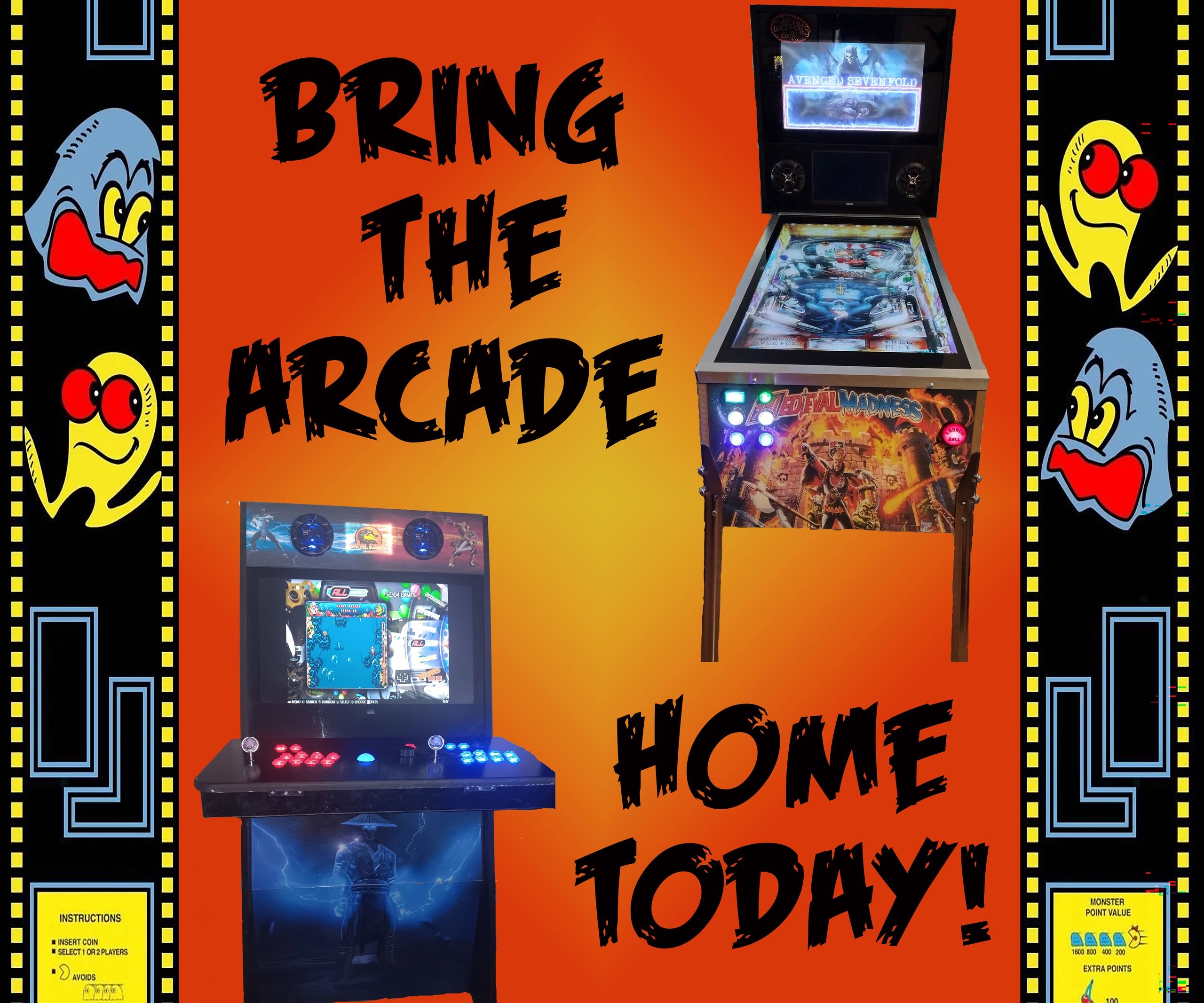 Arcade machines with text "Bring the arcade home today!"