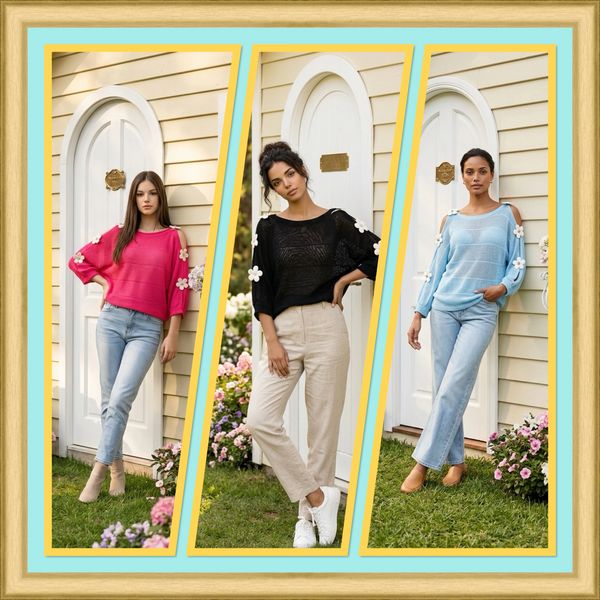 Three women modeling floral-sleeved sweaters in pink, black, and blue outside a house.