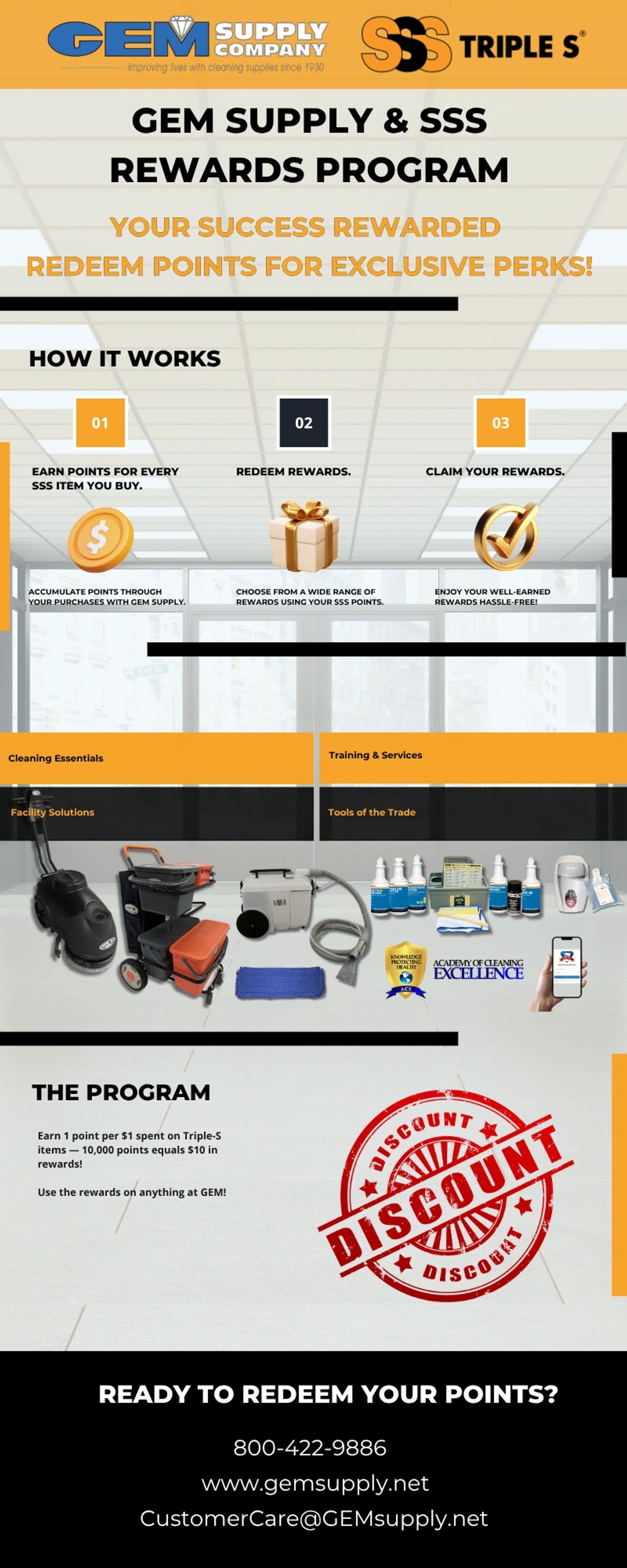 GEM Supply &amp; SSS Rewards Program offers points for purchases redeemable for exclusive perks and discounts.
