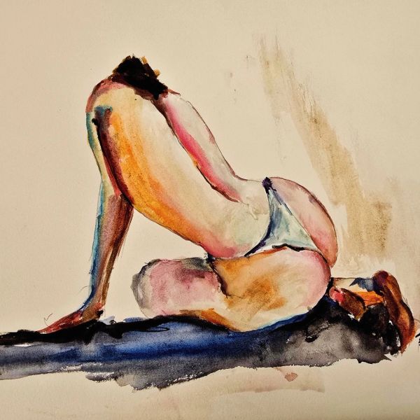 Watercolor painting of a person kneeling with their back arched.