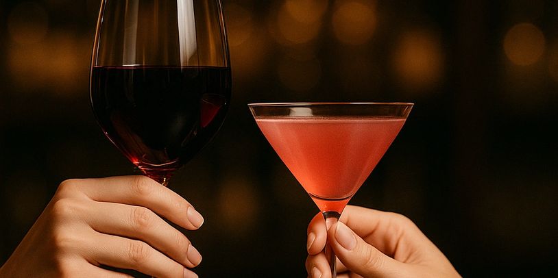 Deux mains tenant un verre de vin rouge et un verre de cocktail rose.