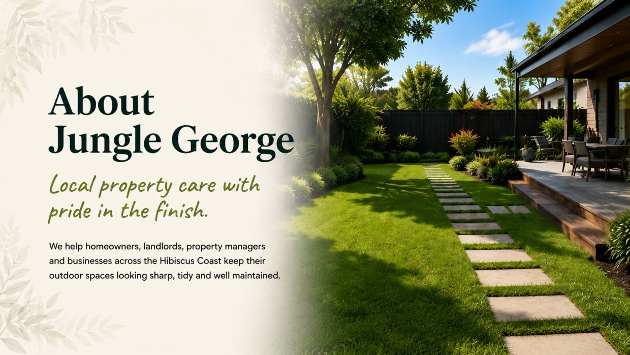 Well-maintained backyard with stone path and outdoor seating, promoting Jungle George property care.