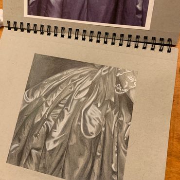 Fabric study of a period dress drawn with graphite on toned paper.