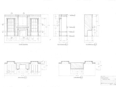 Hand drafting of the fireplace wall in the Oak Hill Room.  Front elevation, section, and plan views.