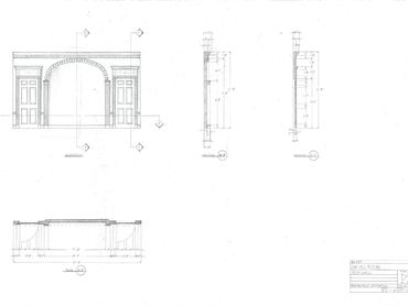 Hand drafting of the arch wall in the Oak Hill Room.  Front elevation, section, and plan views.