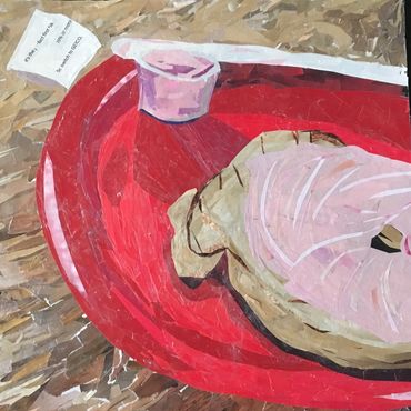 A paper collage arranged to show a bagel on a red plate with pink cream cheese.