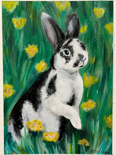 Painted image of a black and white bunny perched on its legs in a field of yellow flowers.