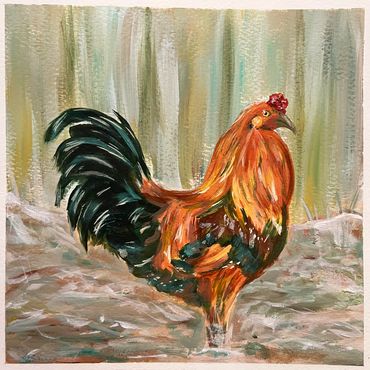 Painted image of a rooster with predominately orange and green feathers.
