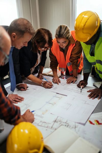 Group of professionals reviewing architectural plans around a table.