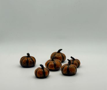 Six small decorative pumpkins with black stems.