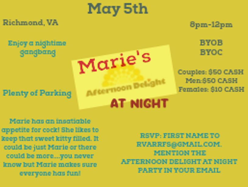 Flyer for Marie's Afteroon Delight at Night party on May 5th in Richmond, VA.