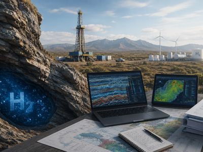 Outdoor workspace with laptops analyzing hydrogen energy data near a drilling site.