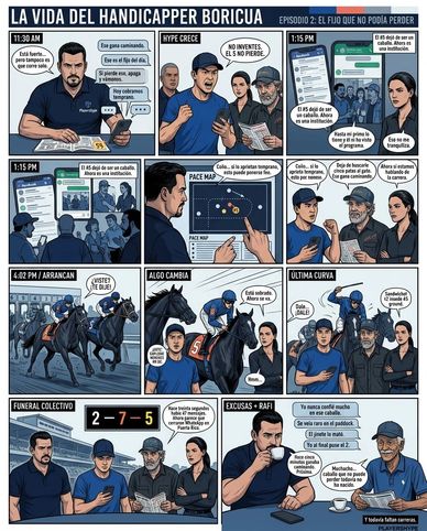 Comic strip about horse race betting in Puerto Rico with three men discussing strategies.