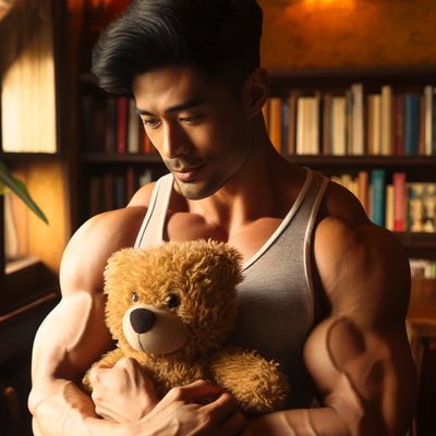 A muscular asian male holding a teddy bear and standing in front of a bookshelf.