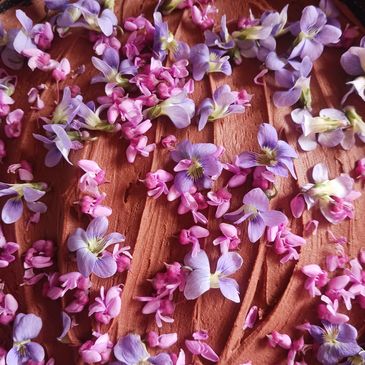 Gluten and Grain Free Chocolate Cake with Violet and Redbud blossoms