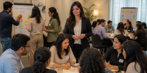 A team collaborates in a meeting room with sticky notes and discussions.