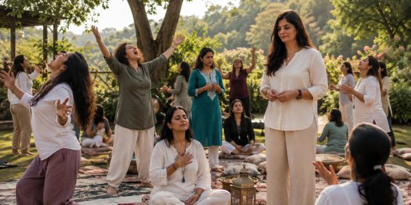 Group meditation and spiritual practice outdoors.