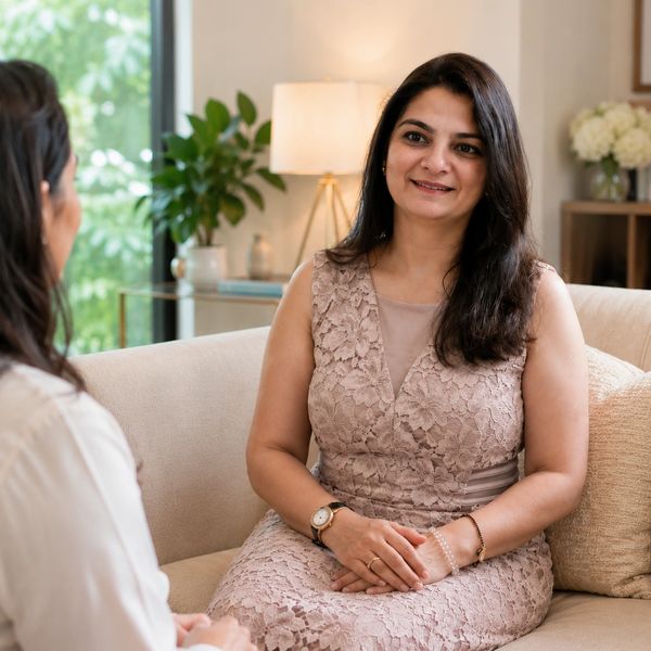 Two women having a conversation on a couch in a cozy room.