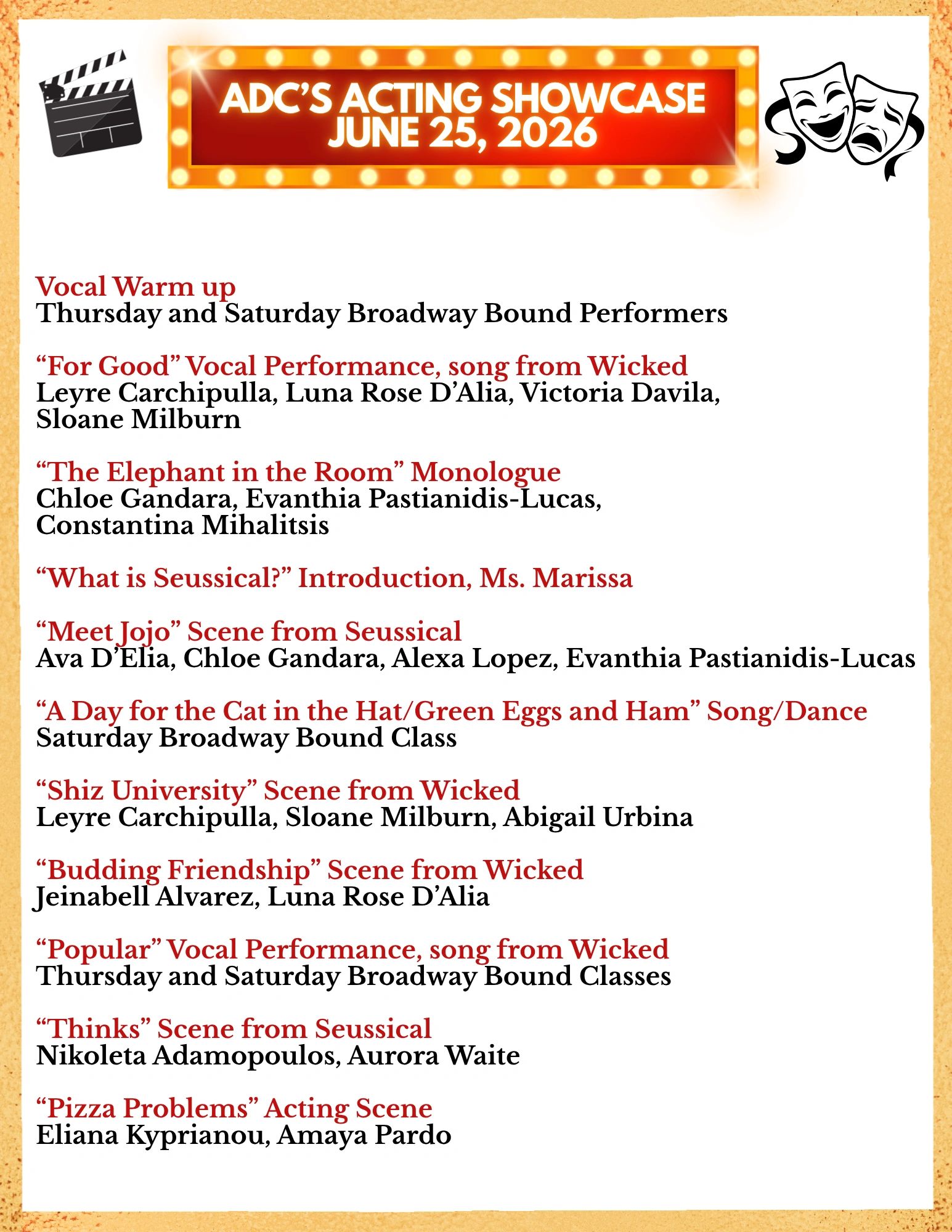 ADC's Acting Showcase program featuring vocal performances and scenes from Wicked and Seussical.