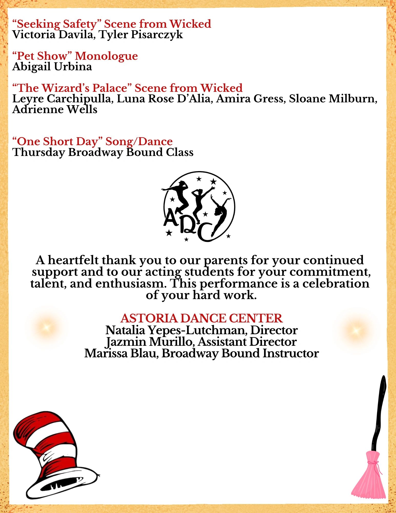 Astoria Dance Center performance program featuring scenes from Wicked and a song/dance number.