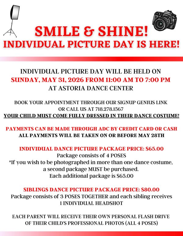 Flyer announcing Individual Picture Day at Astoria Dance Center on May 31, 2026.