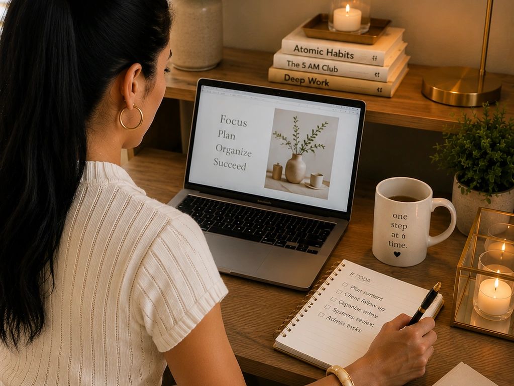 Woman working at a cozy desk with motivational quotes and a to-do list.