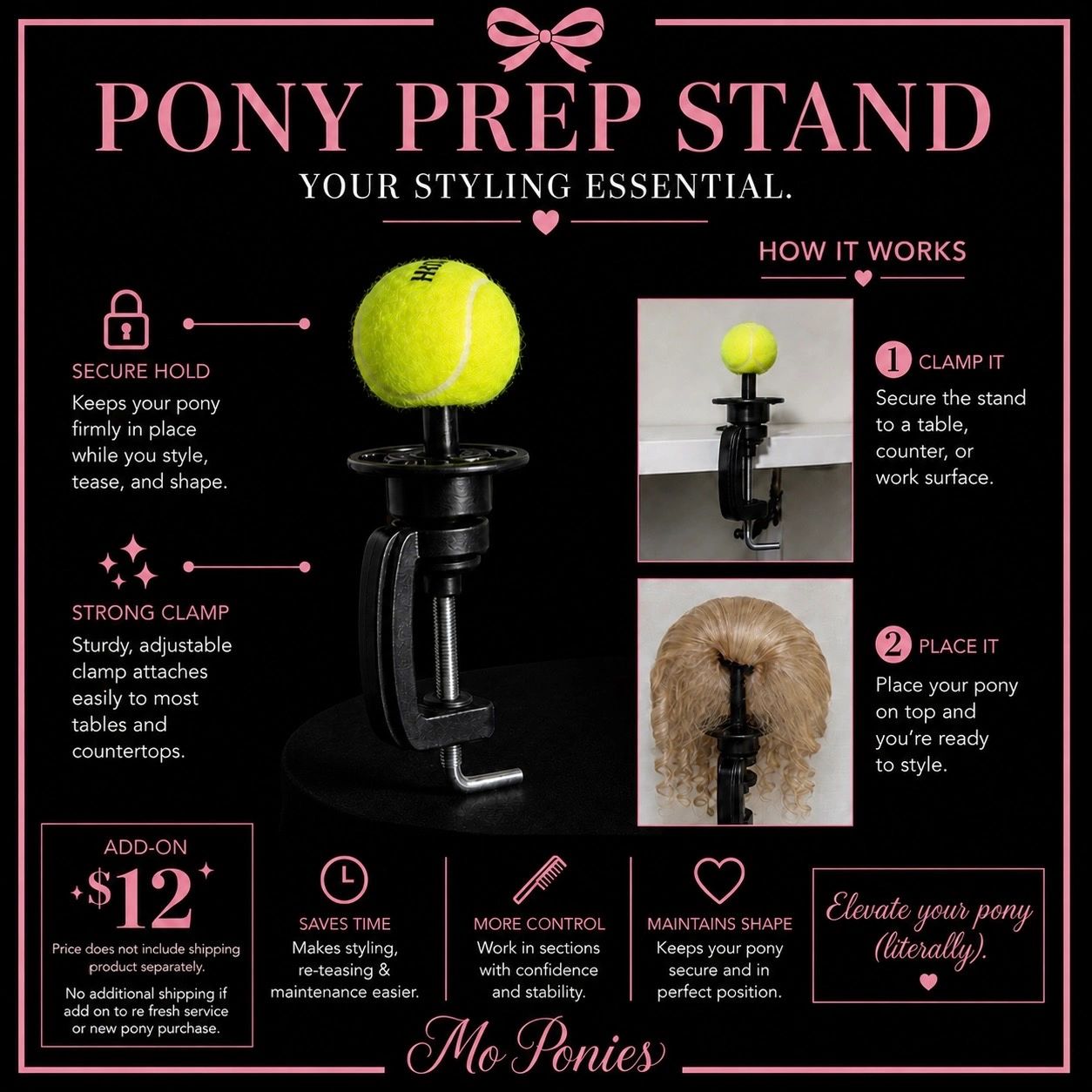 Pony Prep Stand for styling with secure hold and adjustable clamp.