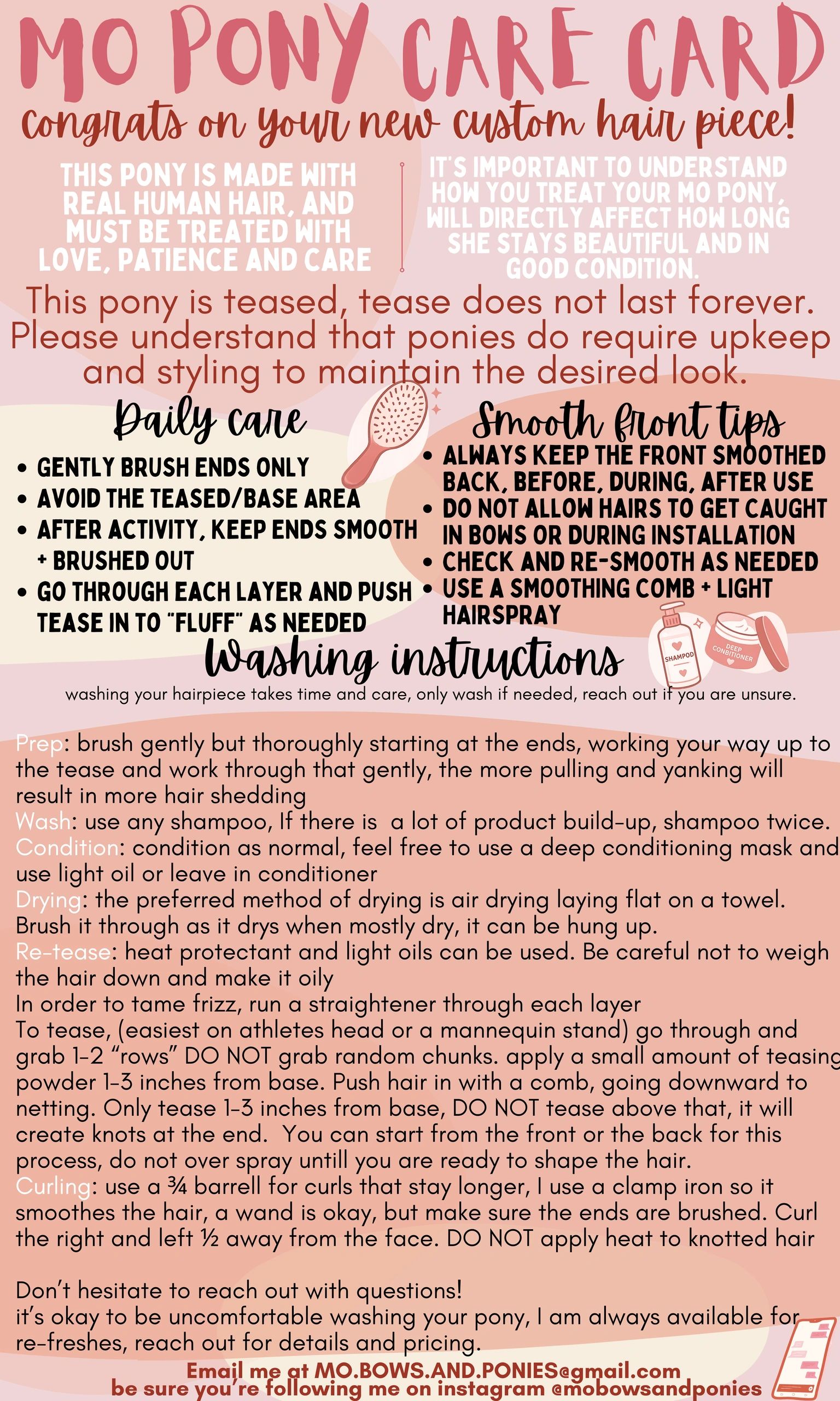 Care instructions for Mo Pony custom hair pieces made with real human hair.