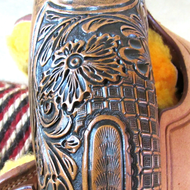 Close-up of embossed leather with floral design.
